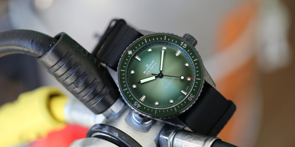 The new Blancpain Fifty Fathoms Bathyscaphe Mokarran Limited Edition with green dial